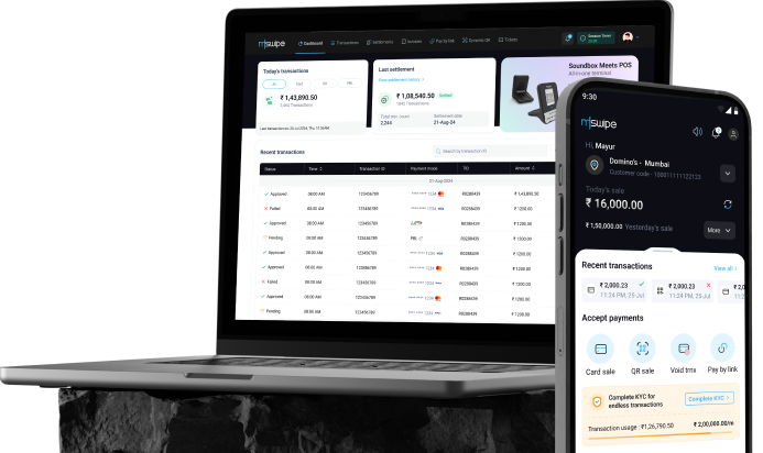 Manage payments and track transactions with the Mswipe Merchant App and Portal Mswipe Merchant App and Merchant Portal dashboard showing transactions, settlements and sales reports for merchants